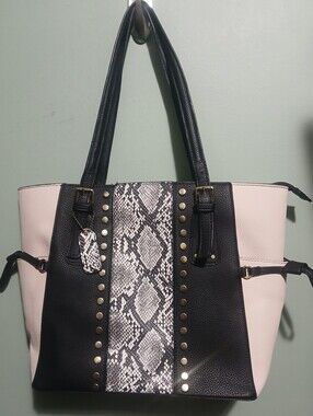 Leather Tote with Snake-Print Accent